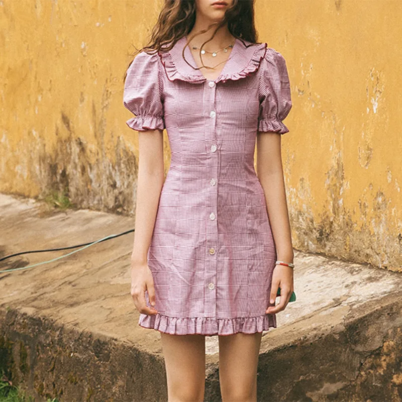 Heydress летнее Короткое мини-платье с пышными рукавами винтажное однобортное женское клетчатое платье повседневное женское платье с оборками Новинка