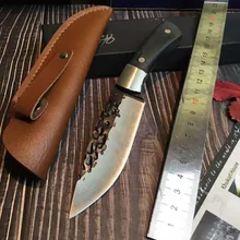 Прямой ручной Кованый Нож из дамасской стали, охотничий нож для выживания с фиксированным лезвием, тактический нож 58HRC с черной ручкой