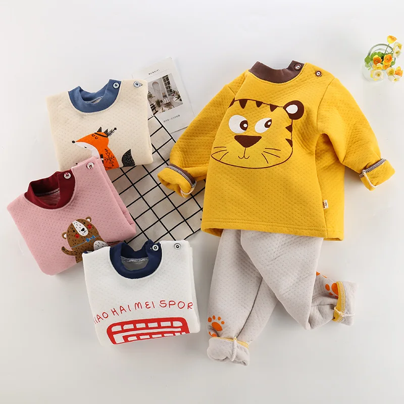 Детский трехслойный теплый костюм утепленный детский дизайнерский комплект со штанами с высокой талией, детское хлопковое нижнее белье