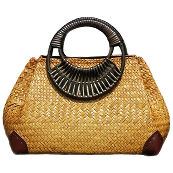

Women Straw Bags Female Bamboo Summer Beach Weave Handbag Lady Handmade Vintage Wood Handle Bag Travel Knitted Totes Bags