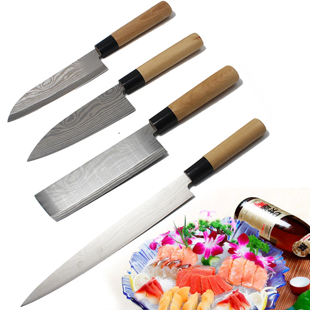 

4pcs/set Kitchen Knives Stainless Steel Damascus Laser Blade Knife Tools Color Wood Handle Fruit Vegetable Meat Cooking Tools