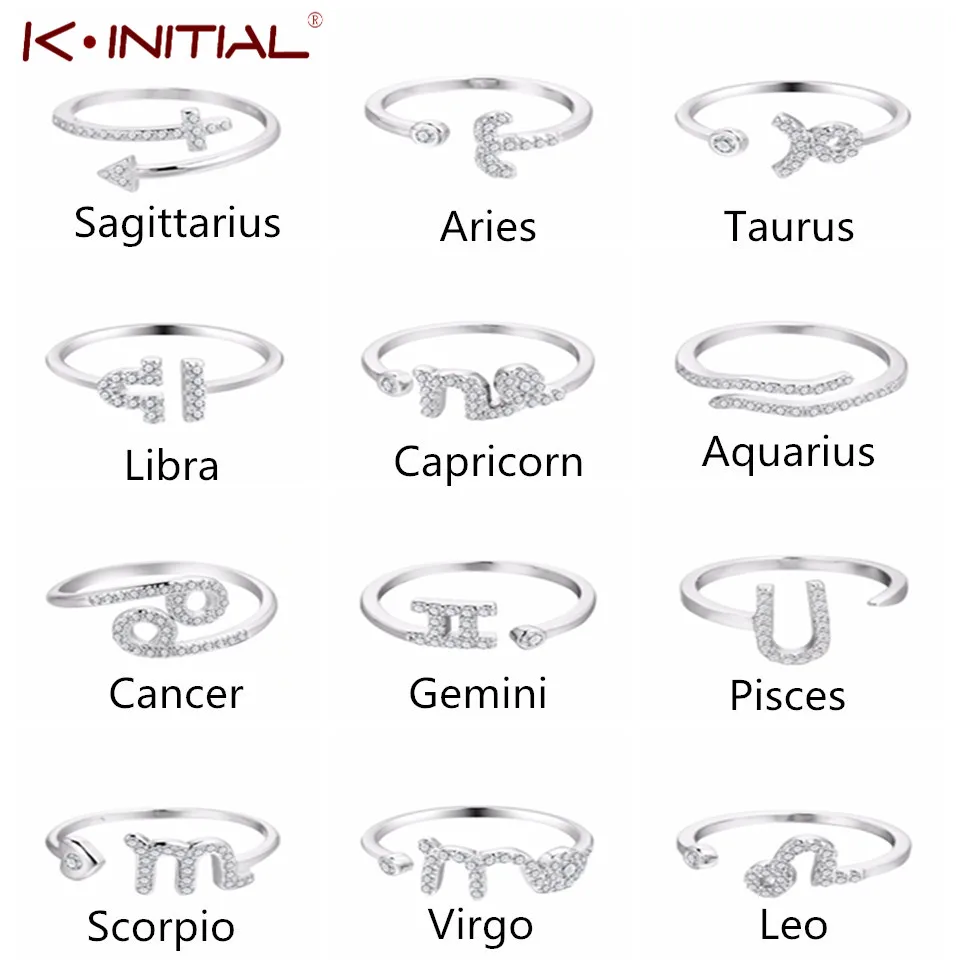 

Kinitial 12 Constellations Zodiac Ring Charms AAA Crystal Cubic Zircon Rings for Women Wedding S925 Silver Zodiac Ring Jewelry