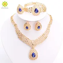 Dubai Fashion Vintage Luxury Rhinestone Bridal Necklace Earring Bracelet Ring African Costume Gold Plated Jewelry Sets