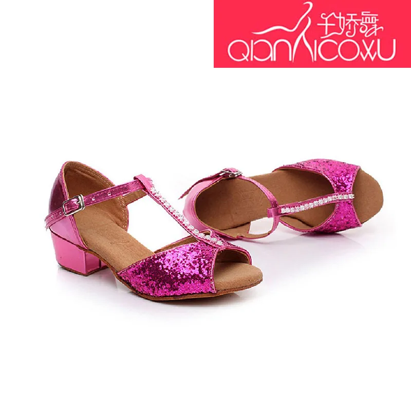 Детская танцевальная обувь для латинских танцев для девочек женская летняя детская танцевальная обувь для девочек, сандалии Мягкая Обувь на низком каблуке 7010 - Цвет: Pink 7010 heel 3.5cm