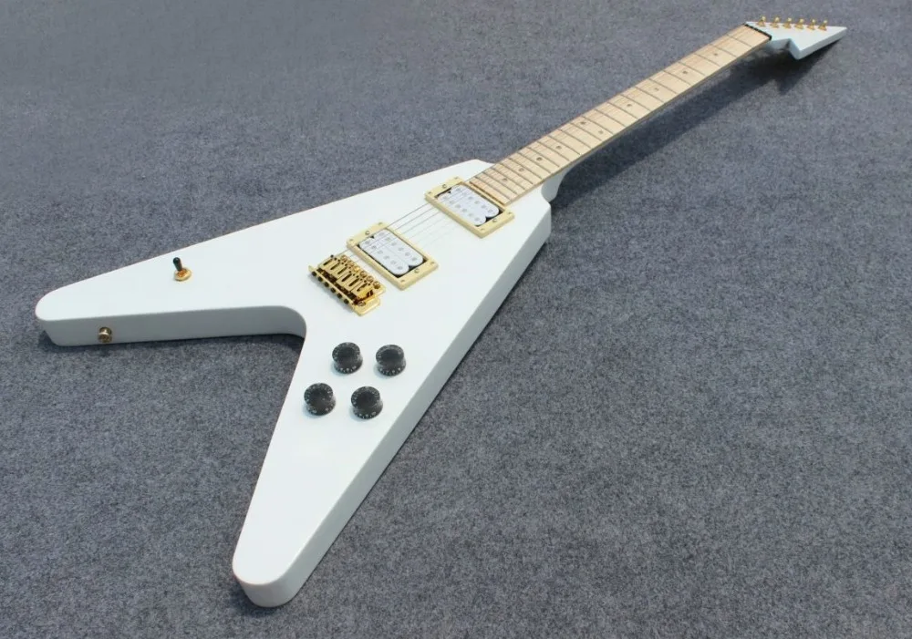 Best V shape Electric guitar with solid white ,gold parts,maple