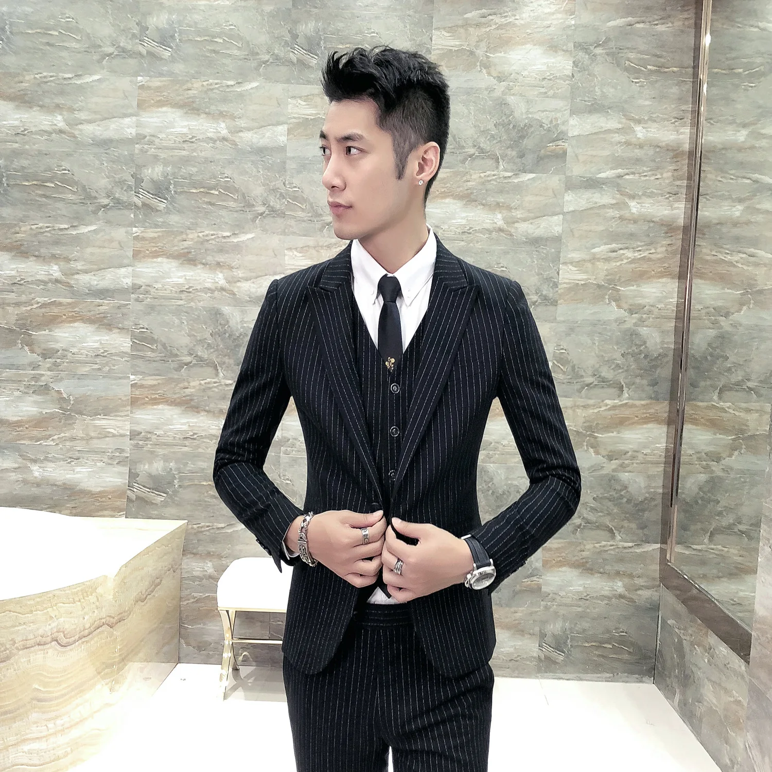 Trajes De Hombre De Vestir Elegantes мужской тонкий полосатый комплект из 3 предметов, мужские черные повседневные торжественные костюмы, свадебная одежда для жениха