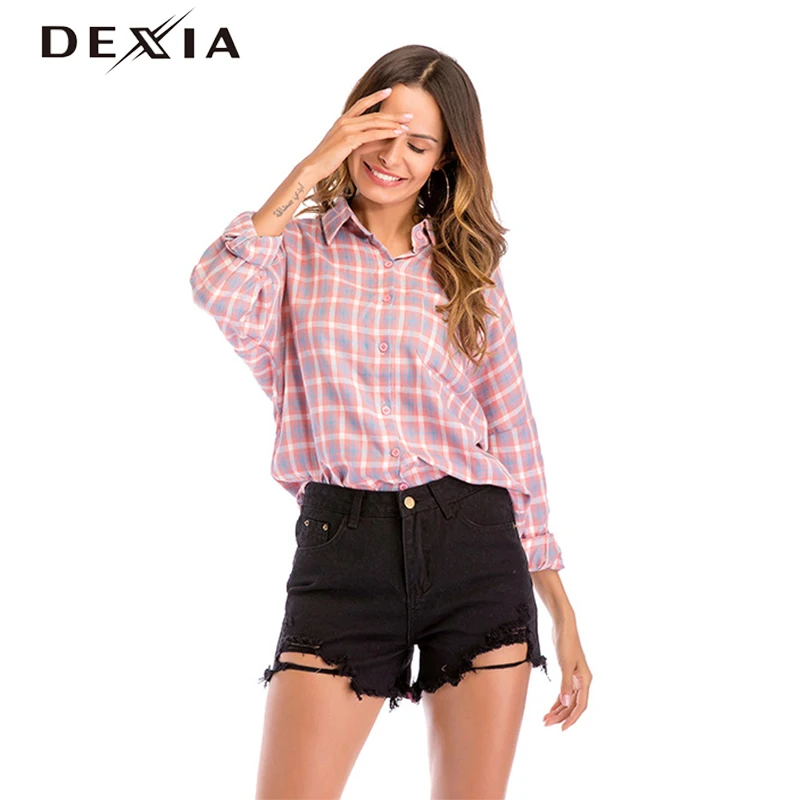 

DEXIA Spring Pink Plaid Printed Women Shirt and Blouse Turn-down Collar Full Sleeve Long Length Autumn Elegant Blouse Ladies