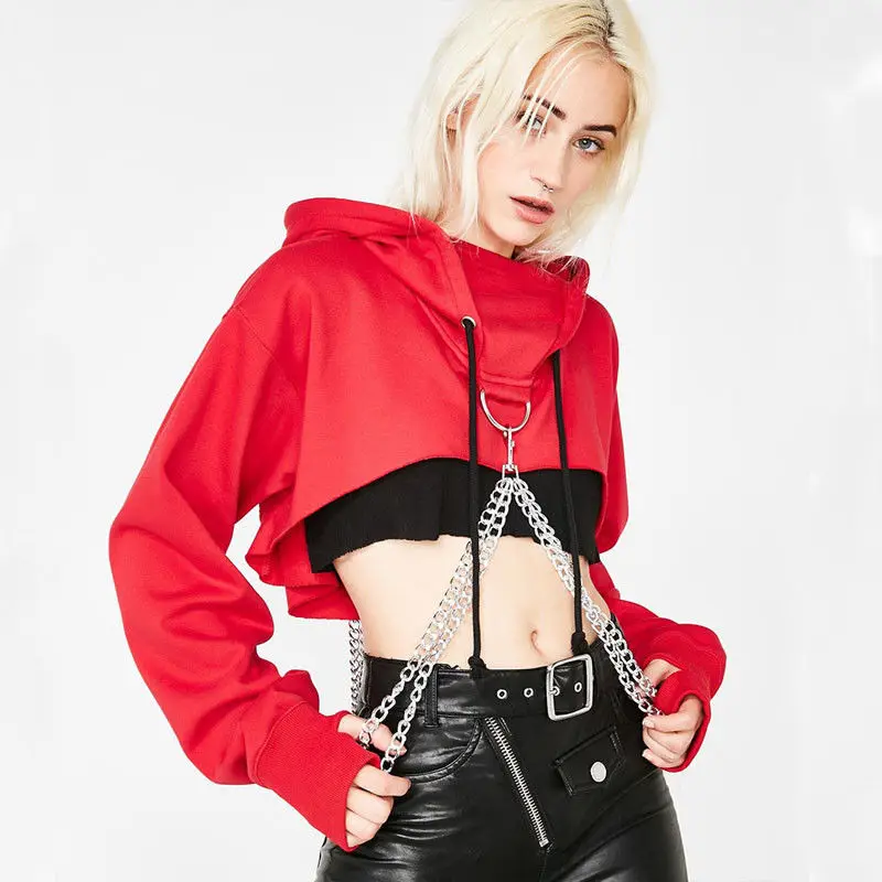

hirigin Women Hoodie Sexy Gothic Punk Chain Crop Top Hooded Pullover Sweatshirt Cosplay /Casual Tops Plus Size