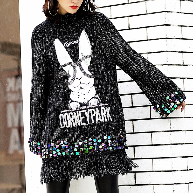 Runway good quality sweaters women2018 autumn winter Knit warm pullovers cute cartoons rabbit pattern tassels long sweatersDZ273 | Женская