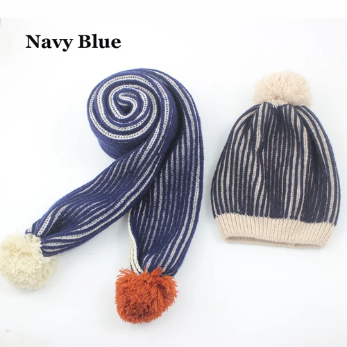 Теплые зимние толстые трикотажные лыжные шапочки и шарфы для детей от 1 до 8 лет, длинные шали, милые двойные цвета, шаровая шапка, шарф, комплект для детей - Цвет: Navy Blue