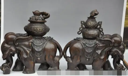 

S00959 14" china bronze wealth money yuanbao ruyi elephant statue Incense Burner Censer B0403