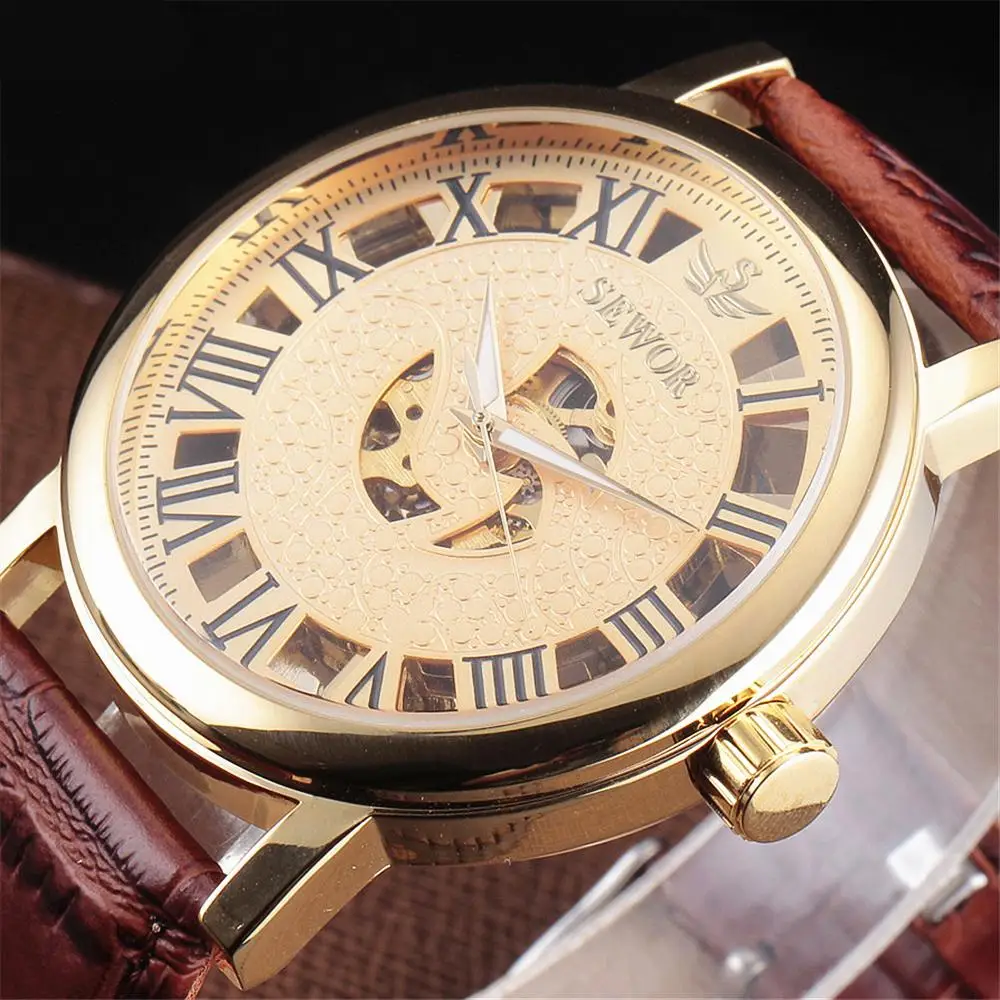 

SEWOR Big Roman Dial Men Watches Top Brand Luxury Leather Strap Skeleton Mechanical Clock Gold Watches Male Wristwatch Montre
