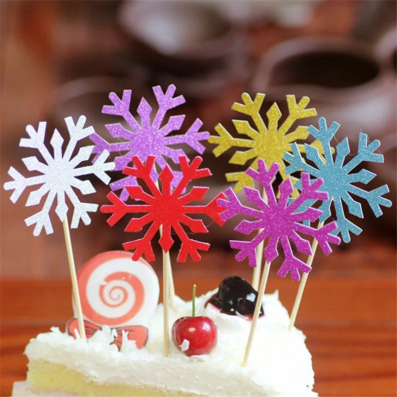 10pcs Christmas Frozen Snowflake Cupcake Toppers DIY Brithday Party Favor Christmas Decorations Glitter Snowflask Cake Topper-S