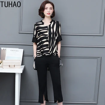 

TUHAO 2019 Summer Black Office Casual Women Set Two Piece Tops+pants Women Suit Sets Plus Size 5XL 4XL 3XL Women's Costumes LZ17
