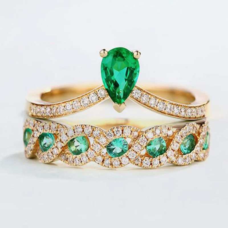 2 шт./компл. ; роскошная женская обувь, расшитая зелеными синий камень кольца с настоящими Австрийскими кристаллами Для женщин Золотой Цвет Свадебные Обручение кольца, ювелирное изделие, Дропшип Z3C150