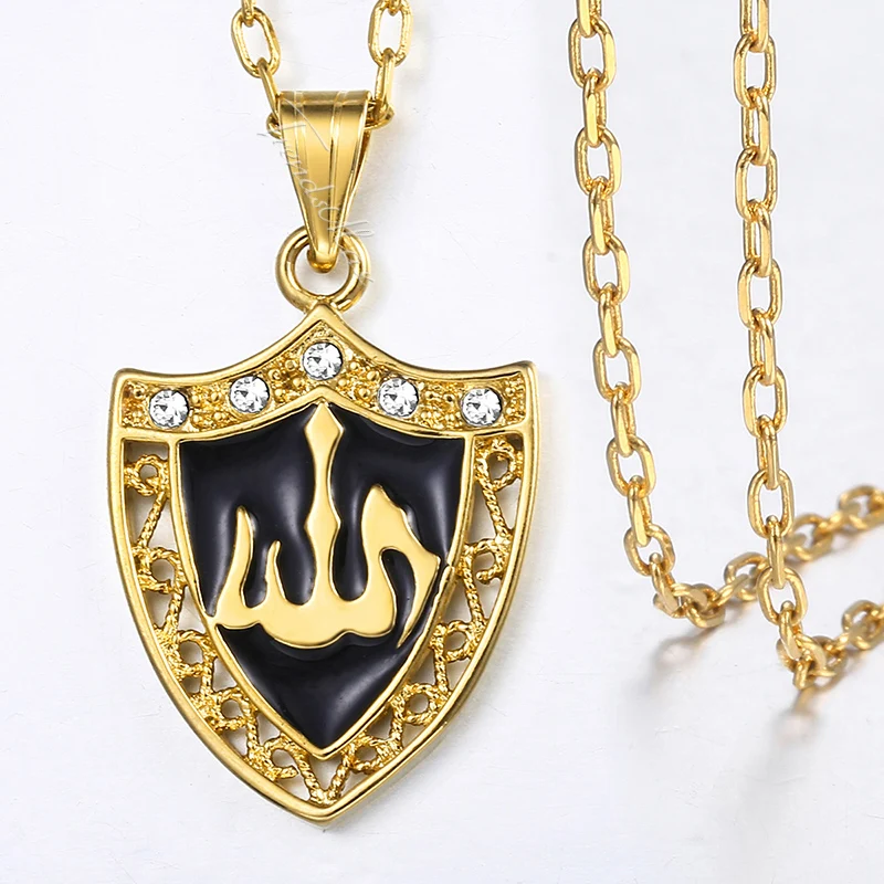 Womens Mens Gold Pendant Necklaces Shield Shaped Carved Islam Muslim