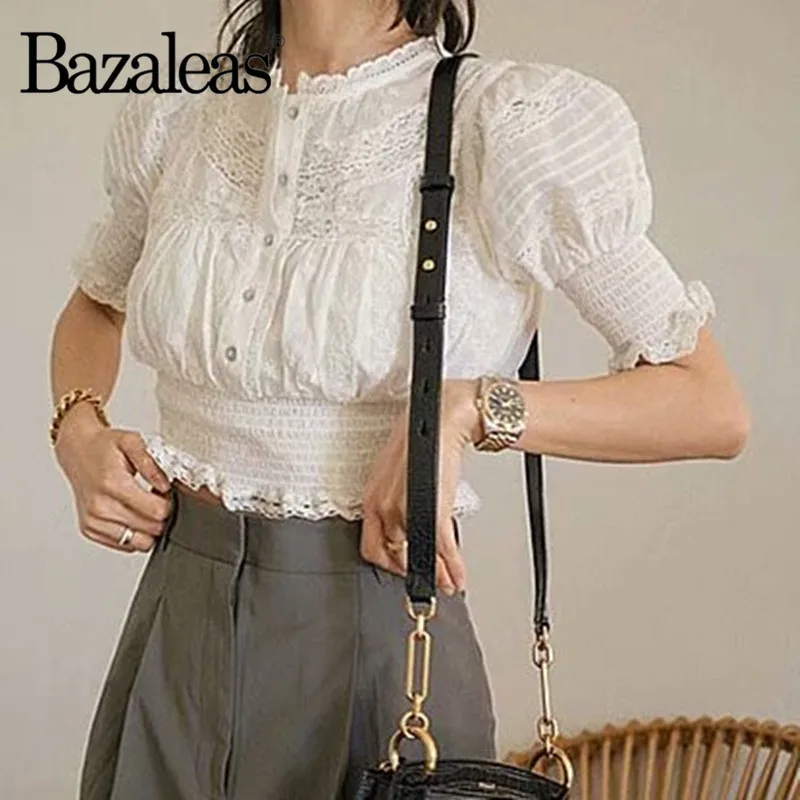 Bazaleas хлопковая белая женская блузка, винтажная эластичная Укороченная блуза, женская модная блузка, укороченный топ, Прямая поставка