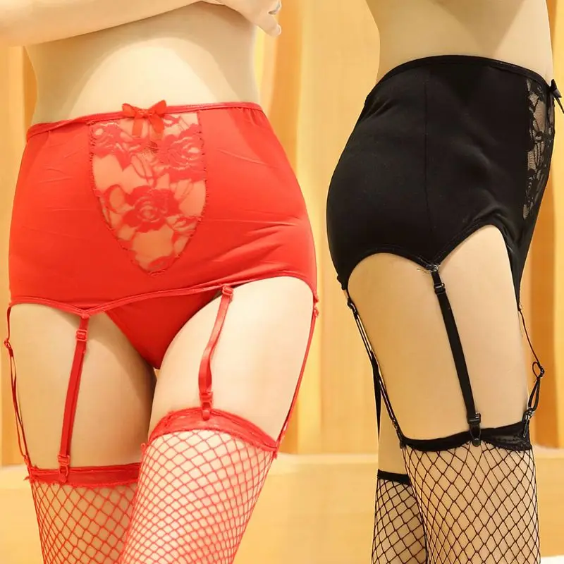 Women Sex Babydoll Plus Size Hollow Out Lace High-Waisted Suspender Garter Belt Panties Solid Sexy Lingerie Sexy Underwear