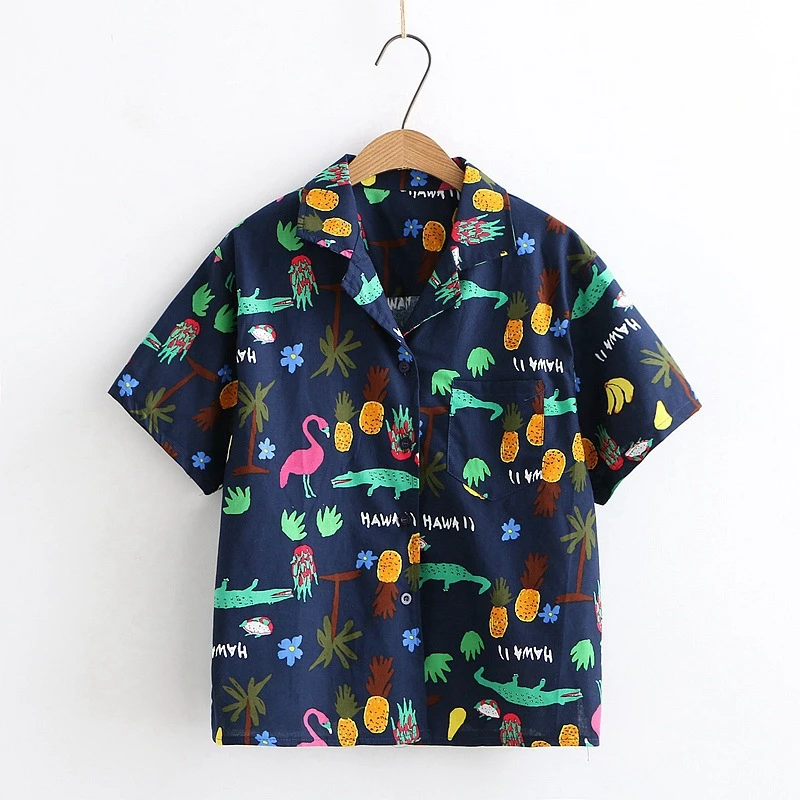 

Merry Pretty Women Cartoon Print Cotton Blouses 2019 Summer Short Sleeve Turndown Collar Pockets Shirts Femme Casual Navy Blusas