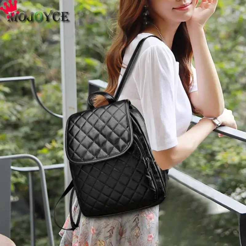  Fashion Black PU Leather Backpack Female Plaid Backpacks for Adolescent Girls Women Spliced Casual  - 32918250258