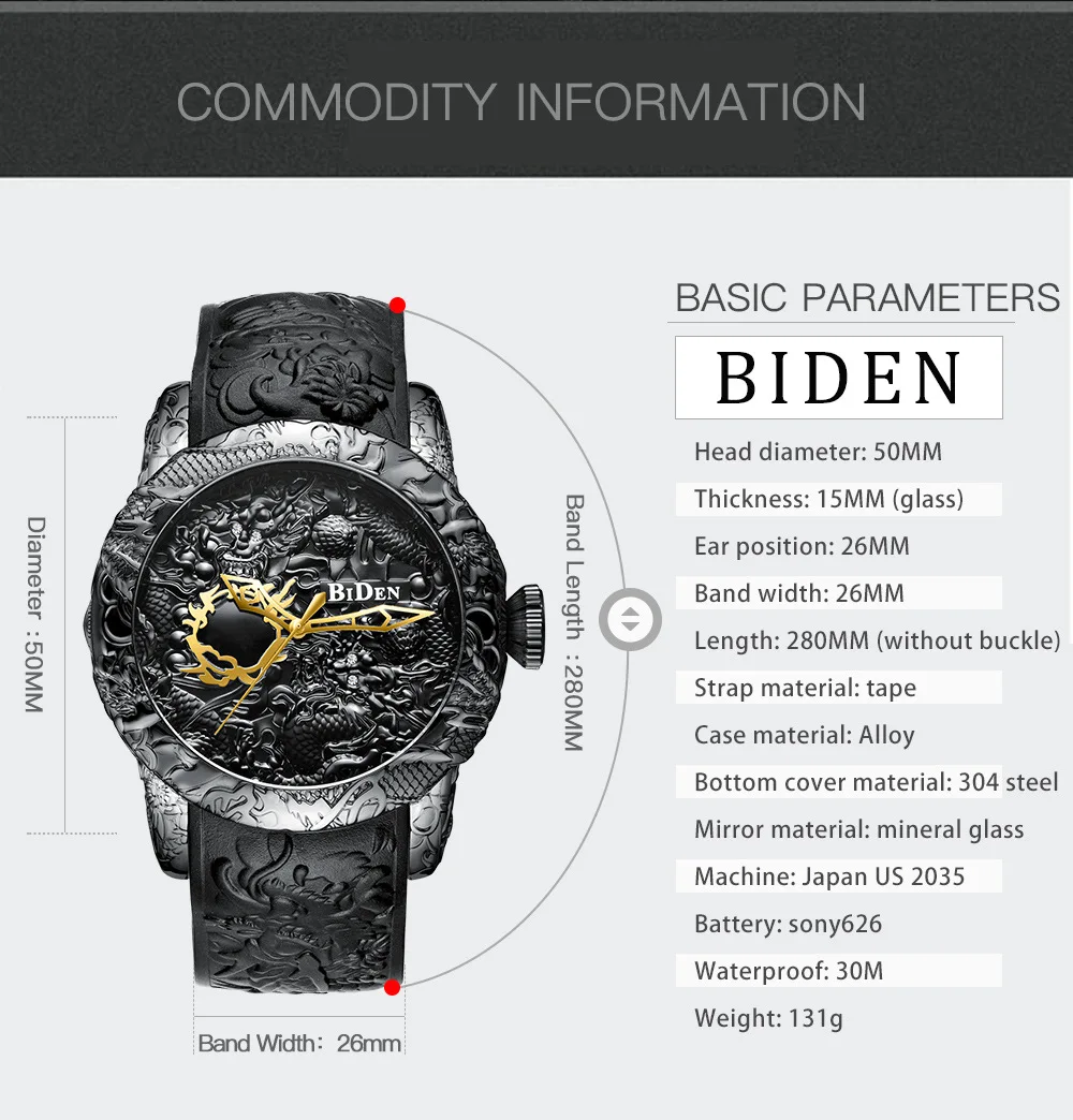 Новая мода Скульптура Дракон Мужские кварцевые часы бренд BIDEN Золотые механические часы для мужчин изысканный рельеф Креативные Часы Relogio
