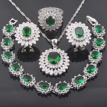 

Wedding Jewelry sets crystal Silver Color Bracelet Bracelet for Women Necklace Green Zirconia Pendant Earrings Ring QS0449