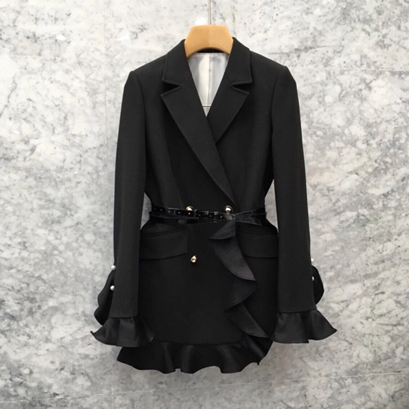 

2019 Spring Autumn Korean Women Ruffles Patchwork Pearls Buttons Casual Blazers Female Coats OL Double Breasted Blazer Jc2848