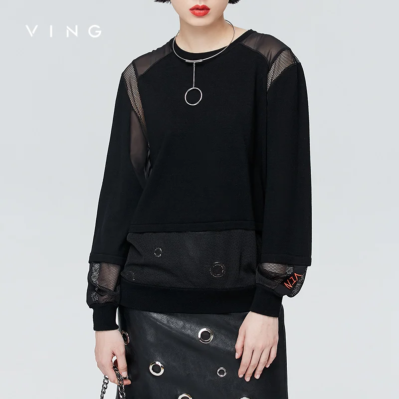 VING 2017 Autumn New Lanterns Sleeves Wool Female Fashion O-Neck Loose Splicing Blouse Tops 10.30 | Женская одежда