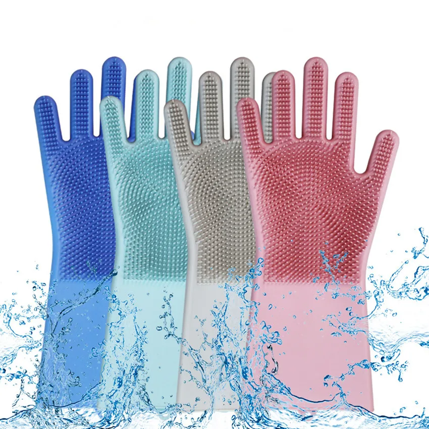 

1 Pair Magic Silicone Rubber Dish Washing Gloves Scrubber Cleaning Multipurpose Sponge For Kitchen Bathroom Bedroom Hair Care