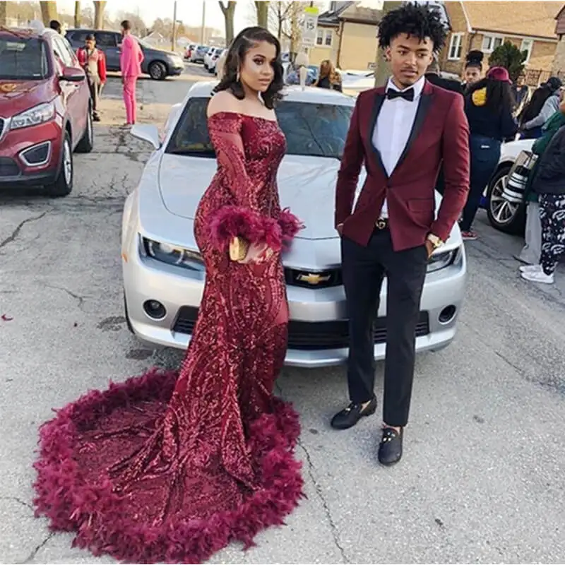 

Burgundy Sparkly Boat Neck Black Girl Prom Dress 2019 Long Sleeve Wool Bottom Sequin Mermaid Formal Party Dress Vestidos De Gala