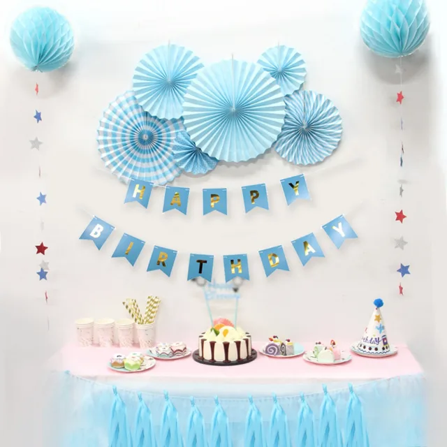Blue Birthday Party Paper Decoration Kit Banner Tassel Garland Fan Rosettes Honeycomb Balls Star Blue Birthday Party Paper Decoration Kit Banner Tassel Garland Fan Rosettes Honeycomb Balls Star
