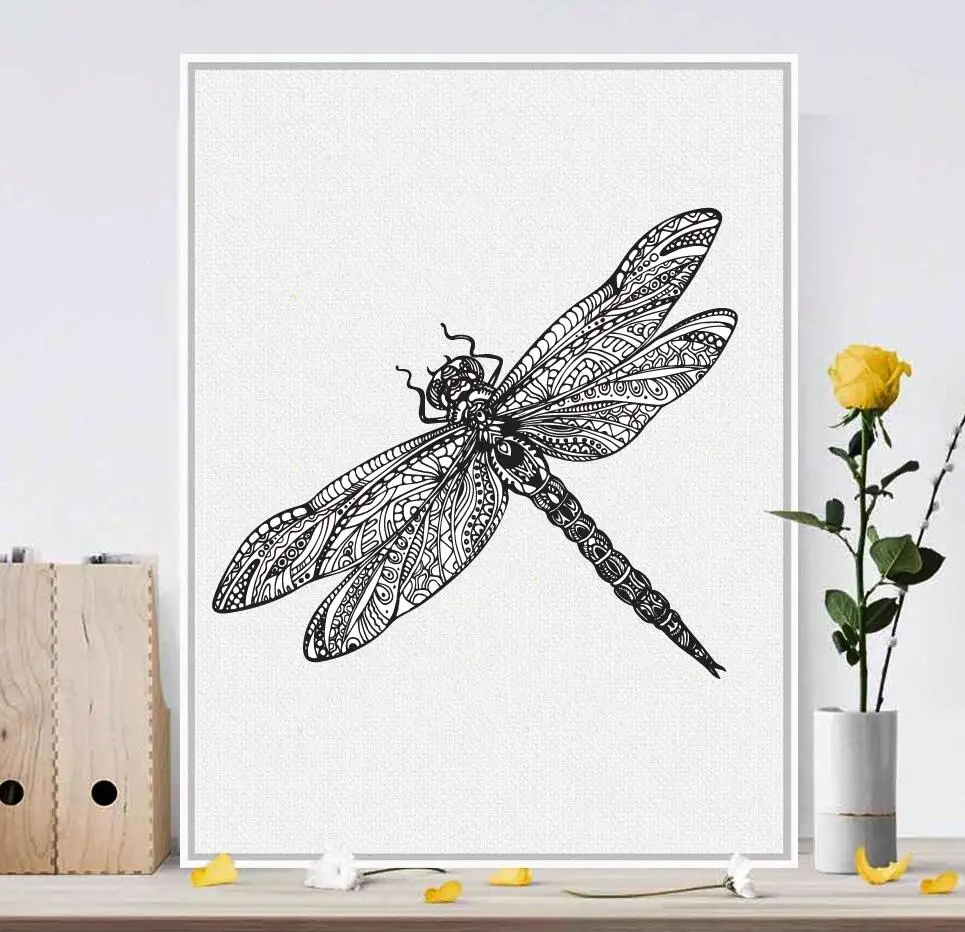 Hand-Drawn-Dragonfly-Print-Pictures-Canvas-Painting-Black-White-Animal-Dragonfly-Modern-Home-Living-Room-Summer (2)