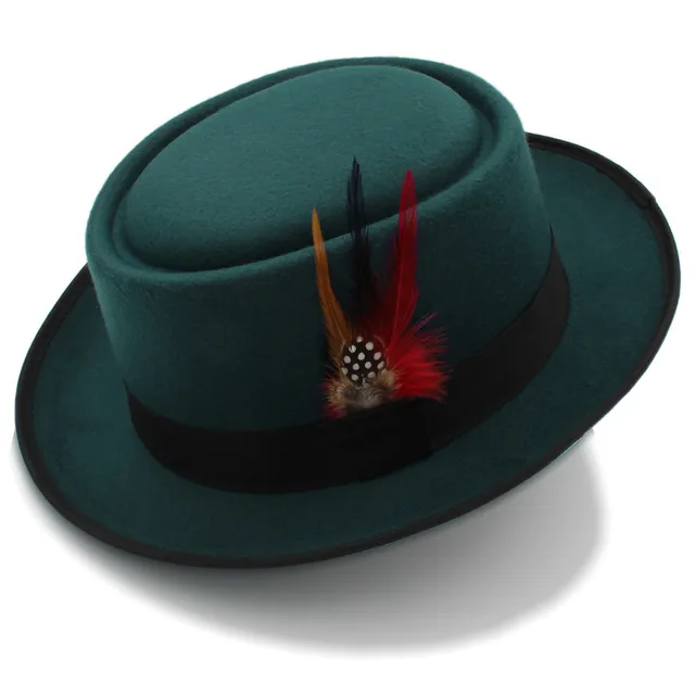 Fashion Women Men Pork Pie Hat Dad Wool Flat Fedora Hat Lady Gentleman Gambler Panama Trilby Hat With Fashion Feather Size 58CM 1