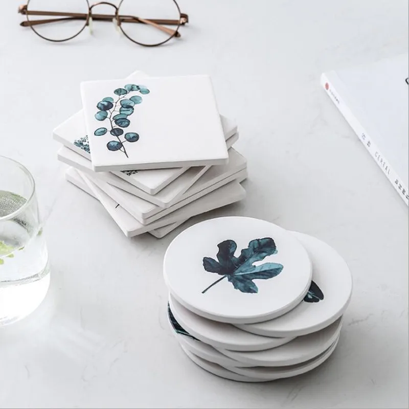 

Green Plant Ceramic Coaster Coffee Tea Cup Pad Round Coaster Square Dring Coasters With Non-Slip Woodern Mat Placemats 1pc