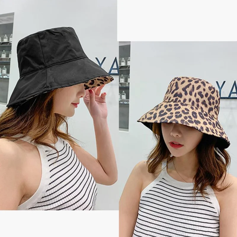 Women Leopard Print Bucket Comfortable Breathe Foldable Men Beach Flat Top Sun Fishing Hat High Quality Flat Panama Hat Street