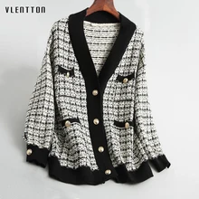 Новинка, винтажная Мягкая шерстяная Женская куртка, v-образный вырез, длинный рукав, вязаное пальто для женщин, весна-осень, свободная клетчатая Женская куртка, пальто