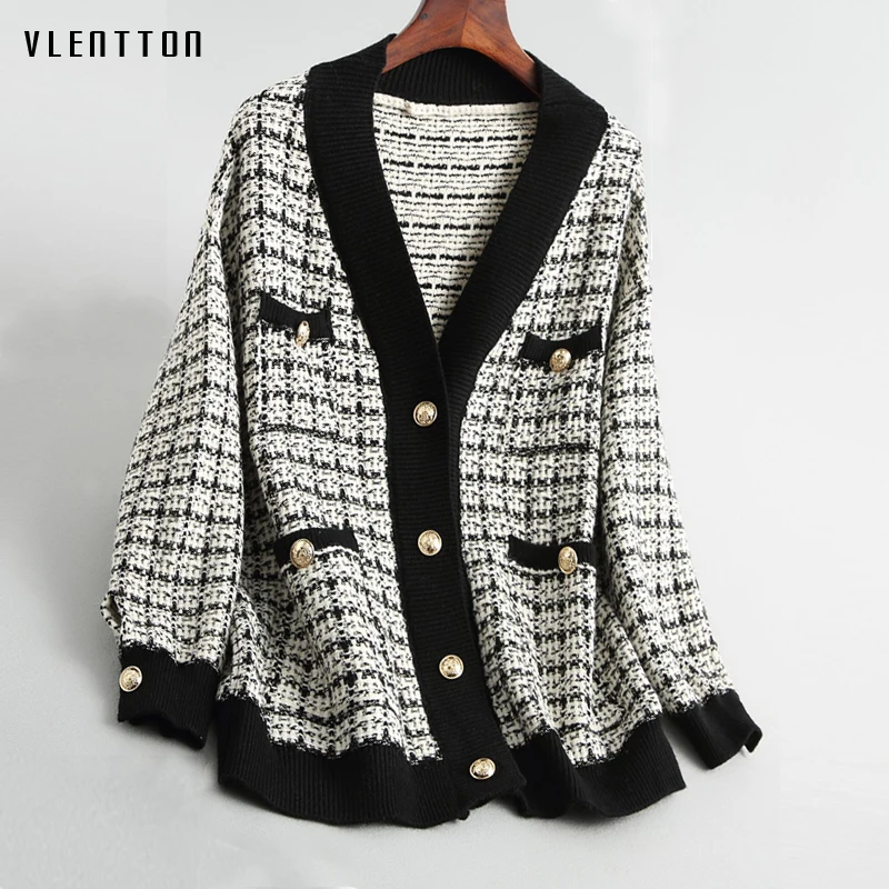 Prix 2019 nouveau vintage doux laine veste femmes col en v à manches longues tricot manteau femme printemps automne lâche Plaid femme veste pardessus