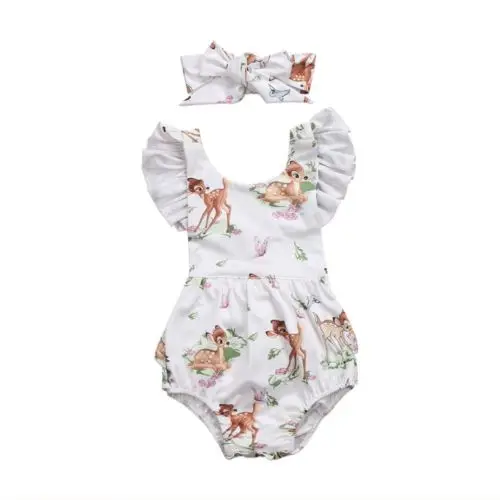 Baby Clothing Newborn Toddler Infant Girls Ruffles Deer Romper Back Cross Jumpsuit Clothes Headband Sunsuit 2pcs Outfits | Мать и ребенок