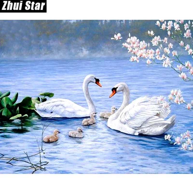 NEW-3D-Diamond-Painting-Cross-Stitch-Happiness-Swan-Lake-Crystal-Needlework-Diamond-Embroidery-Full-Diamond-Decorative