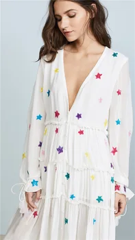 

Qooth2019 Summer Women Star Embroidery Loose Bohemian V neck dress Hippie Boho People Holiday Long Dress Robe Longue QH1876