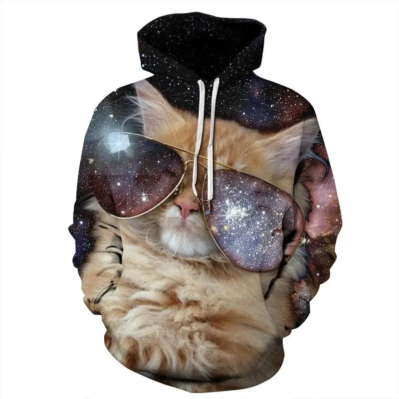 Funny Glasses Cat 3D Hoodie Hoodies Men Women Space Galaxy Print Long
