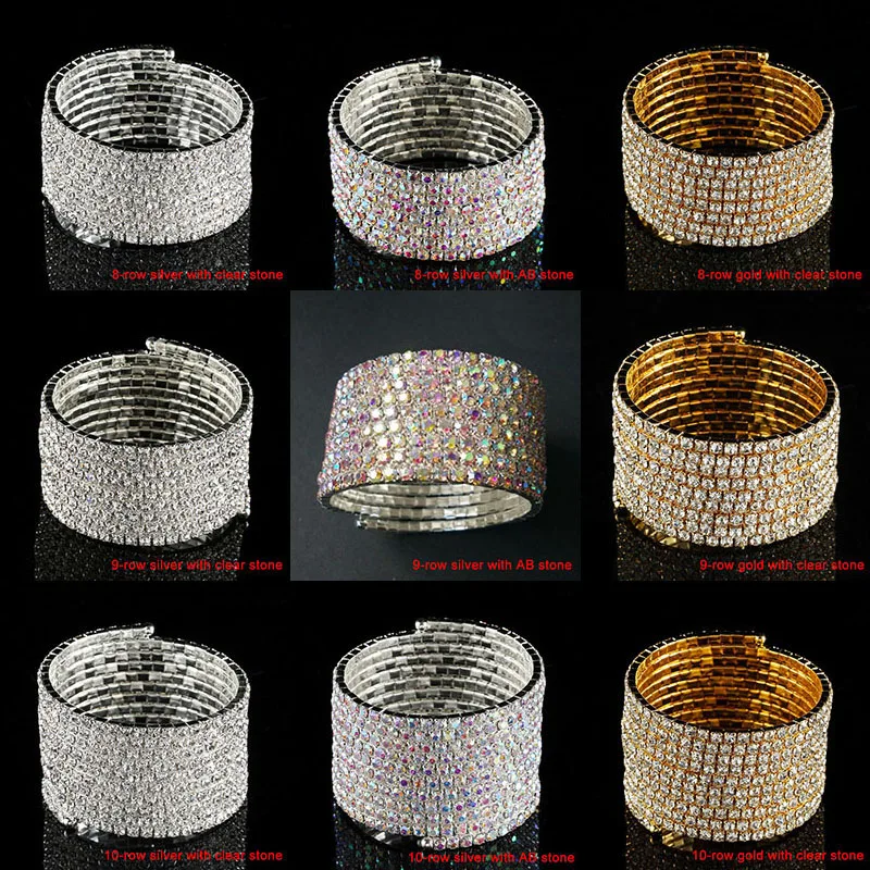 TDQUEEN 7-10 Rows Rhinestone Bangle Bracelet Silver Plated and Gold Color Metal Sparkly AB Crystal Indian Bangles for Women (8)