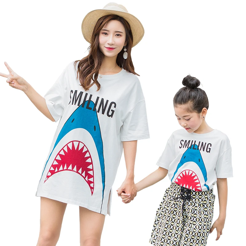 

shark mother daughter t shirts dresses family look mommy and me clothes mom mum daughter matching clothes loose dress clothing