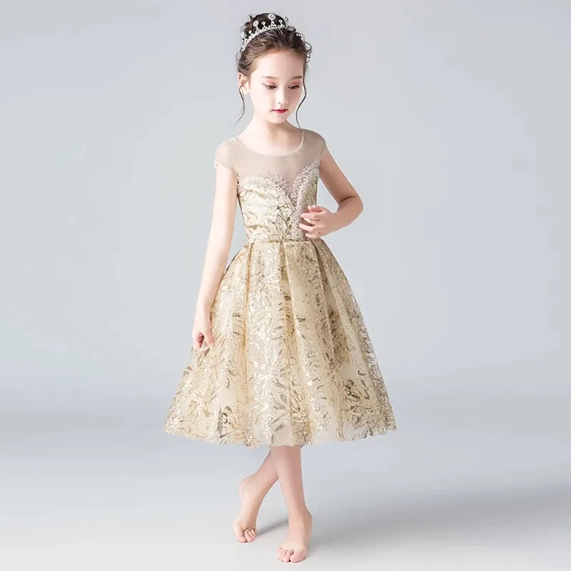 Детская одежда; праздничное платье для девочек на день рождения, свадьбу; Летнее Детское платье принцессы золотого цвета; костюм для девочек;