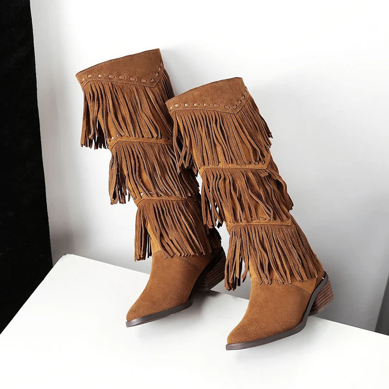 Women S Genuine Suede Leather Fringe Knee High Boots 2018 Winter