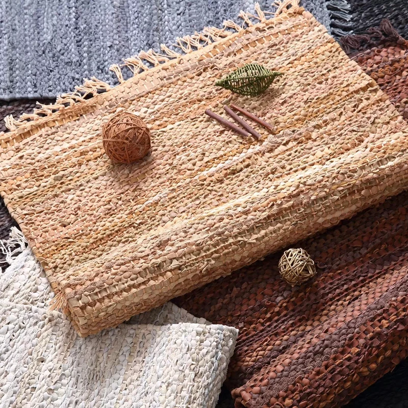 Кожаный ковер ручной работы из воловьей кожи, Тканые Полосатые коврики, моющиеся и противоскользящие ковры для гостиной и спальни