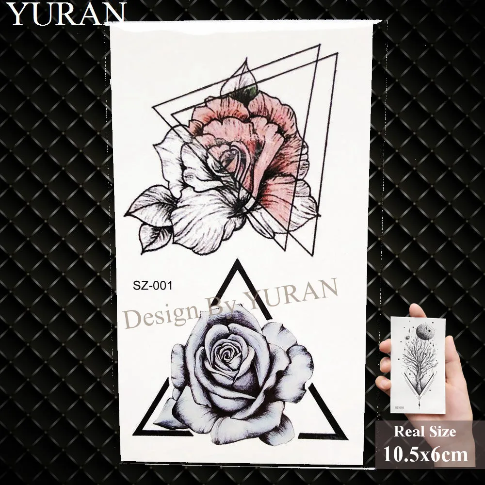 YURAN, черный треугольник, цветок, Временные татуировки, наклейки для женщин, тела, руки, фальшивые татуировки, племя, перо, птица, водостойкие, роза, тату