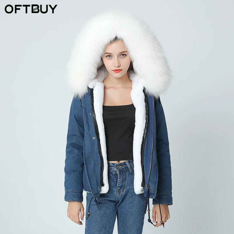 Женская джинсовая куртка с капюшоном OFTBUY синяя теплая парка воротником из меха