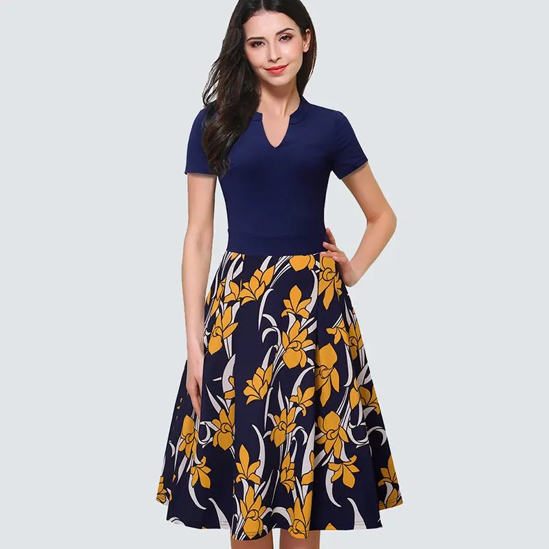 Элегантное женское платье с цветочным принтом и коротким рукавом для работы, офиса, бизнеса, повседневное летнее свободное ТРАПЕЦИЕВИДНОЕ ПЛАТЬЕ HA036 - Цвет: Dark Blue And Yellow