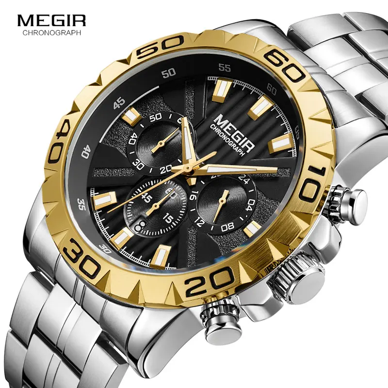 MEGIR Men's Business Chronograph Quartz Watches Waterproof Luminous Army Wristwatch Watch Man Relogios Masculino Clock 2087 Gold